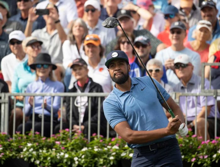 Tony Finau tees off on the first hole at the Grant Thornton Invitational at Tiburon Golf Club in Naples on Friday, Dec. 8, 2023.